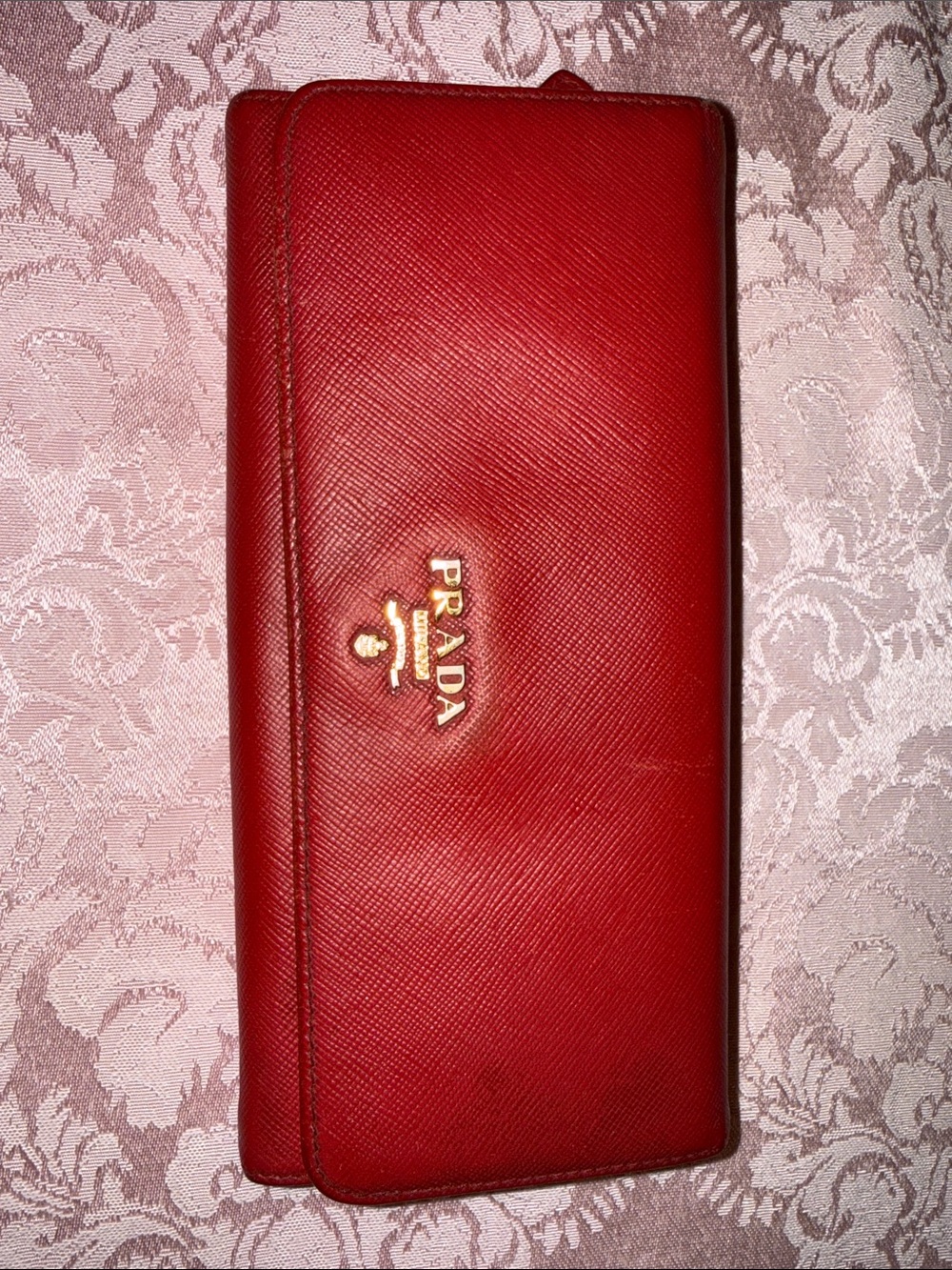 Prada Red Saffiano Continental Wallet with Gold Logo